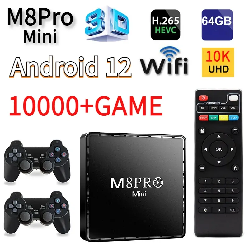 Consoles M8Pro Mini Console de jeu vidéo 10K 64G 10000 Retro Games Android 12 Smart TV Box