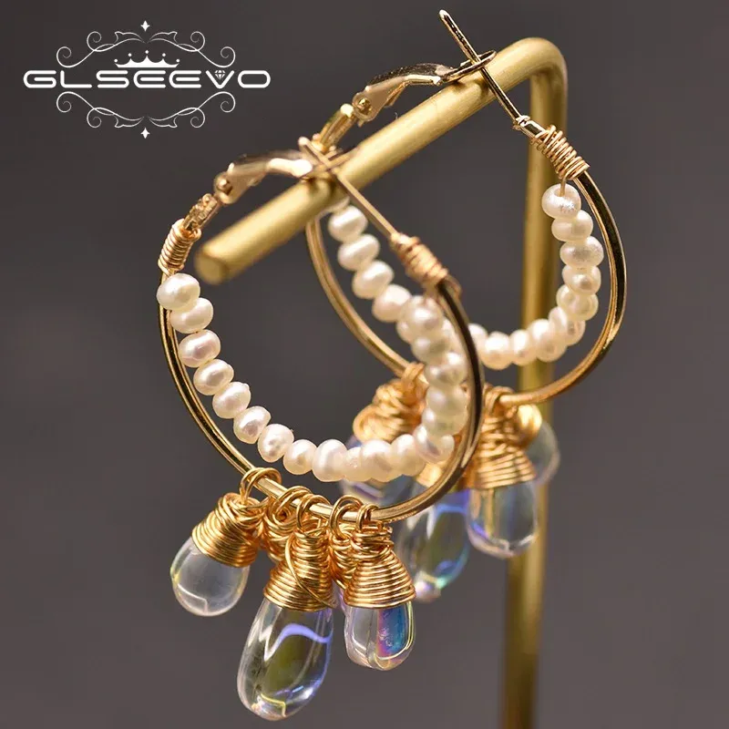 Ohrringe GLSEEVO 100 % echte weiße Süßwasserperle, große Ohrringe, handgefertigt, für Frauen und Mädchen, koreanischer Feinschmuck, Ohrringe GE0837