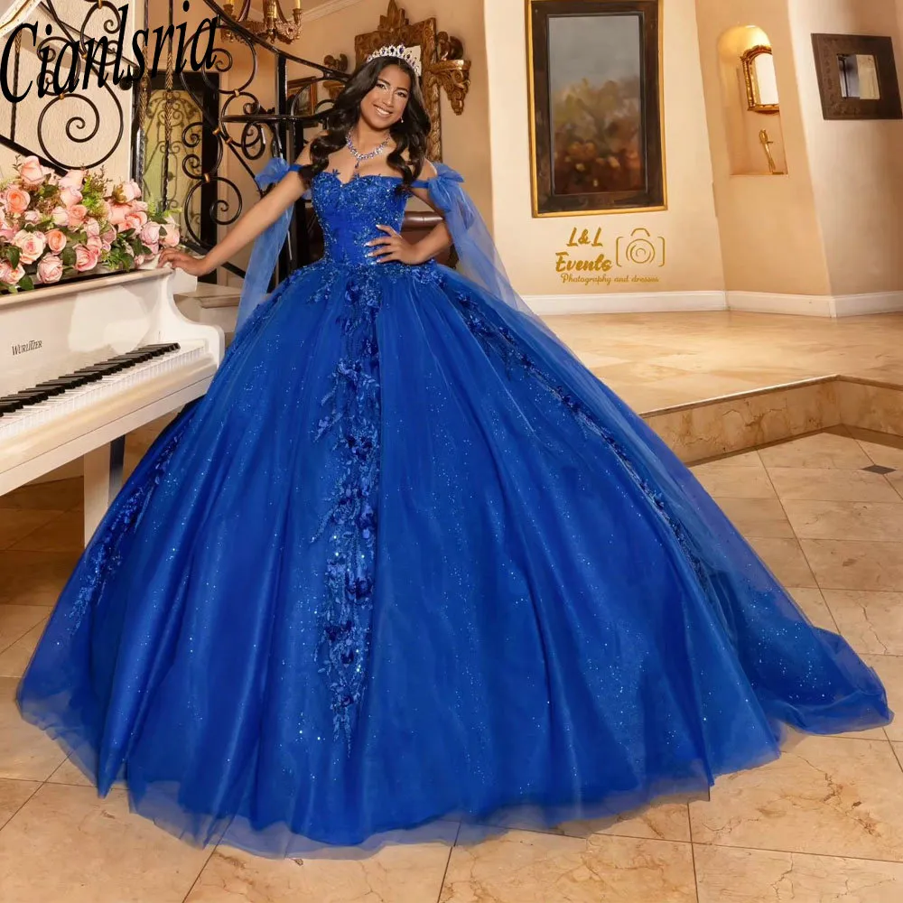 Королевское синее бальное платье с 3D цветами и бантом, платья Quinceanera, платья с открытыми плечами и аппликациями, кружево, сладкий корсет 16, Vestido De 15 Anos