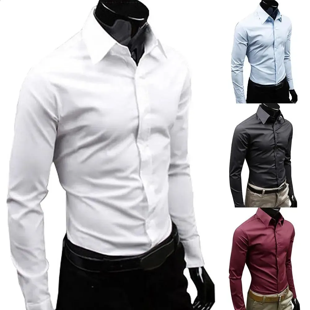 男性秋の長袖カジュアルエレガントなワークシャツビジネスソリッドカラーボタンスリム綿プラスサイズ240219