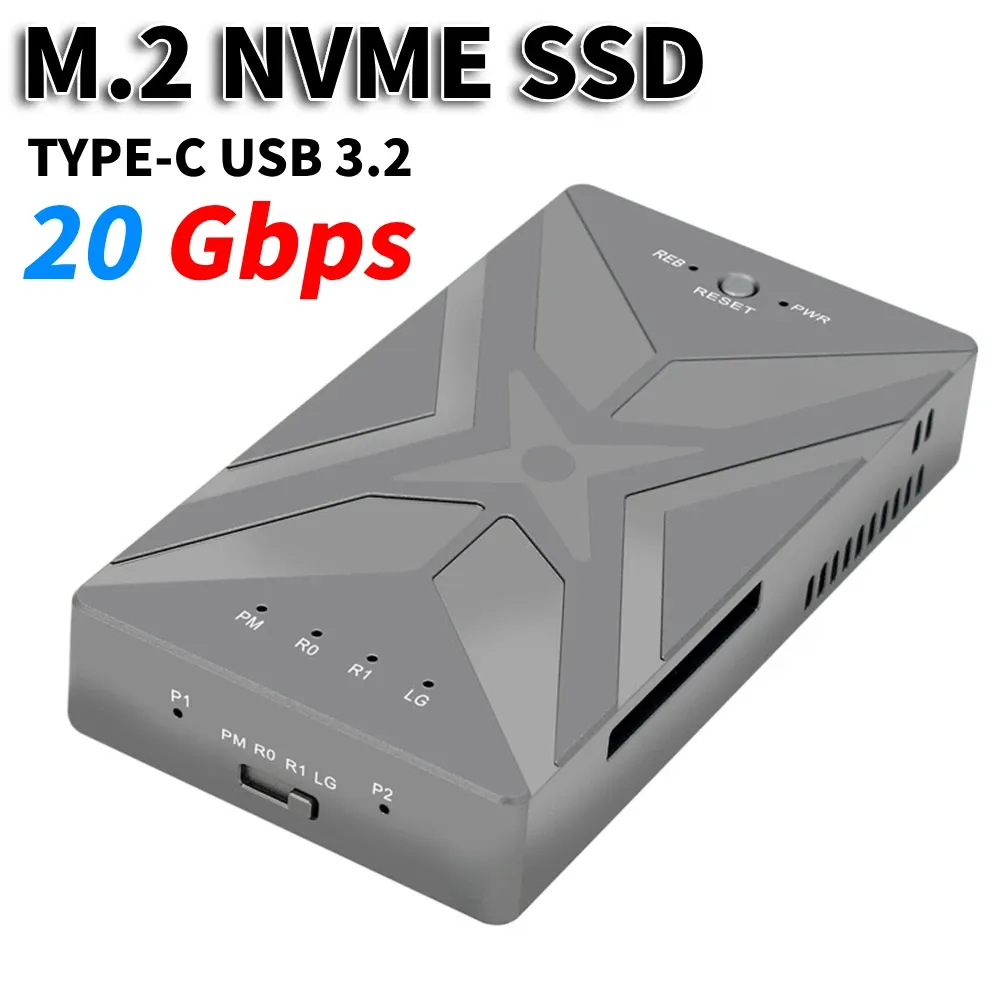 Boxs M.2 NVME boîtier RAID SSD double baie Support de disque dur Mobile M.2 boîtier Nvme pour boîtier de disque dur SSD TYPEC USB 3.2 GEN2 10/20Gbps