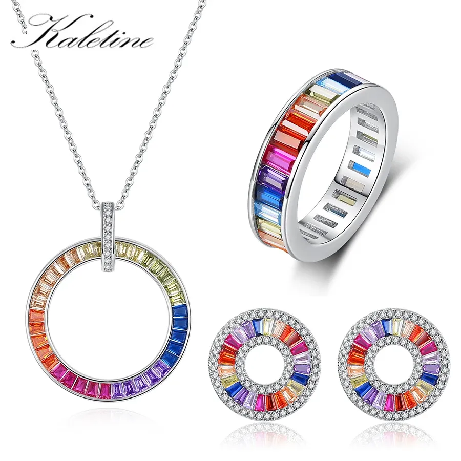 Stelt Kaletine Charm Rainbow CZ 925 Sterling Silver Rings hanger geometrische cirkel initialen oorbellen ketting voor vrouwen sieraden set