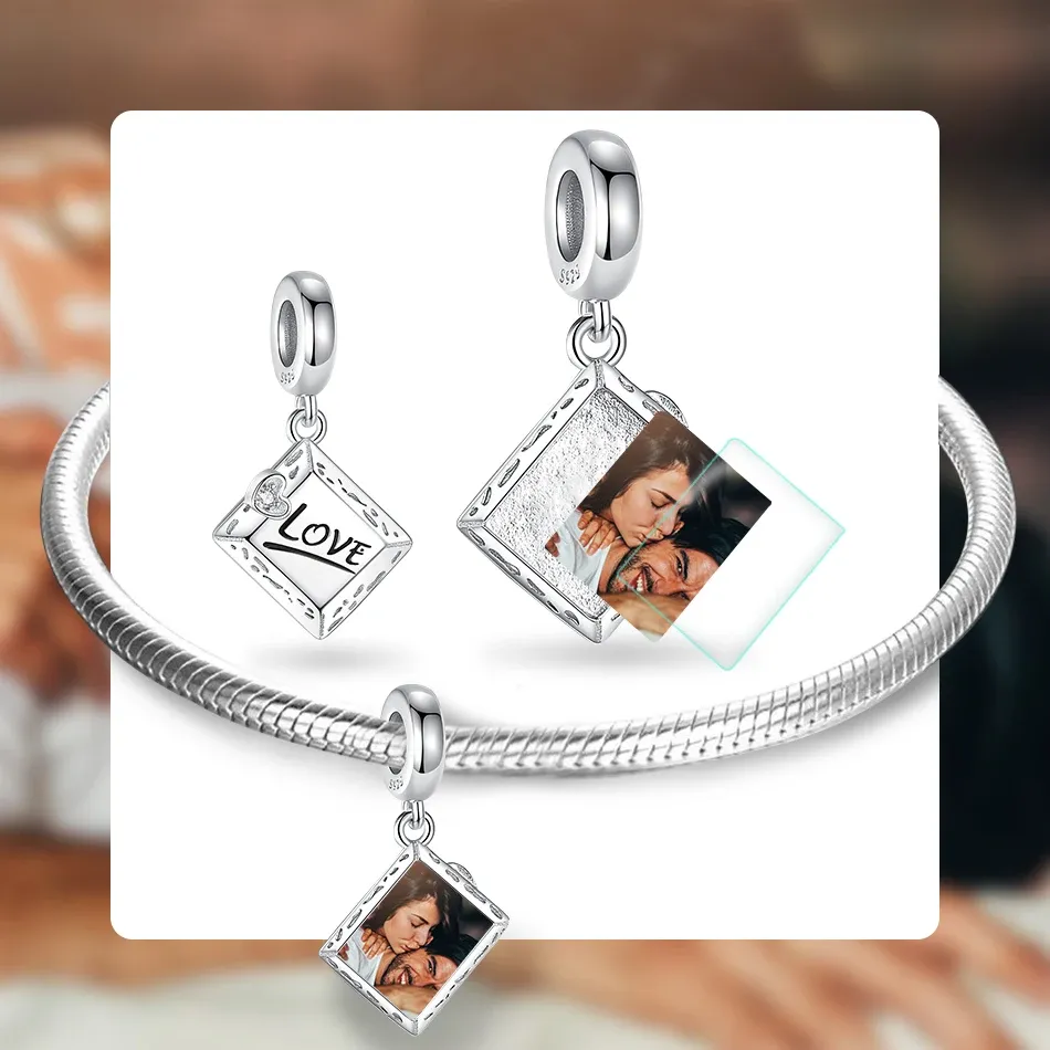 Halsketten BELAWANG Love Square Dangle Charms Echte 925 Sterling Silber Perlen Fit Original Armband Halskette Personalisierte DIY Foto Schmuck