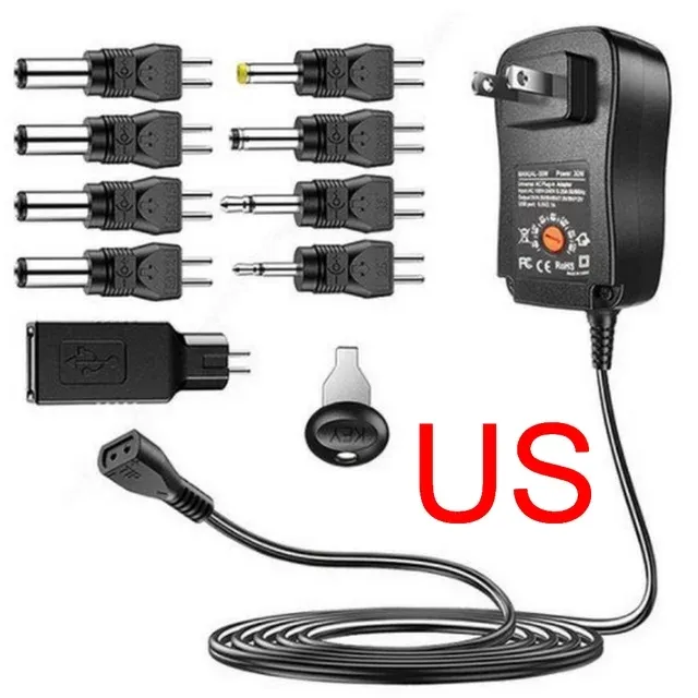 30W 9 Replacement Heads AC To DC Plug Power Adapter 3V 4.5V 5V 6V 7.5V 9V 12V 2A 2.1A Adjustable Converter For US/EU/UK/AU