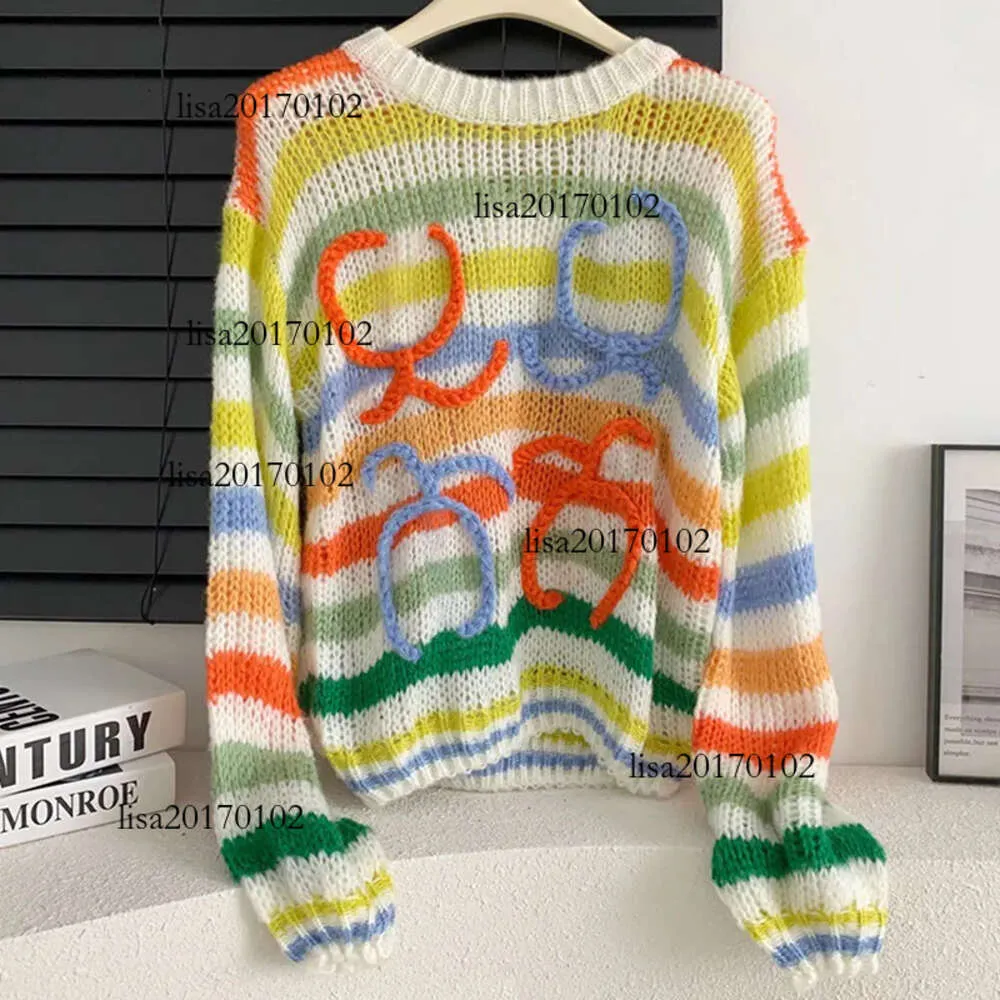 Kvinnors tröjor Lång ärm Mohair Vintage tröja Kvinna Vinter 2023 Crewneck Wool Rainbow Stripe Knit Pullover Designkläder