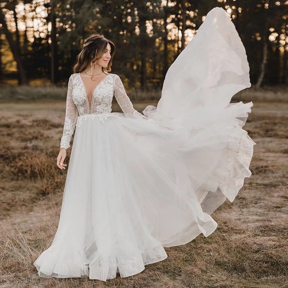 Skromna wiejska suknia ślubna z długimi rękawami V szyfry szyfonowe koronkowe suknie ślubne dla ogrodu vestido de novia