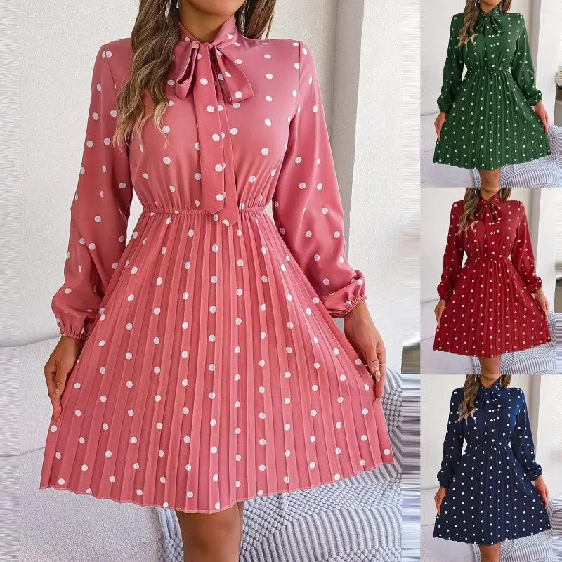 Casual Kleider 2024 Damen Polka Dot Kleid Frühling und Sommer Temperament Spitze Up Taille Lange Ärmeln Falten Rock Elegante Weibliche vestidos