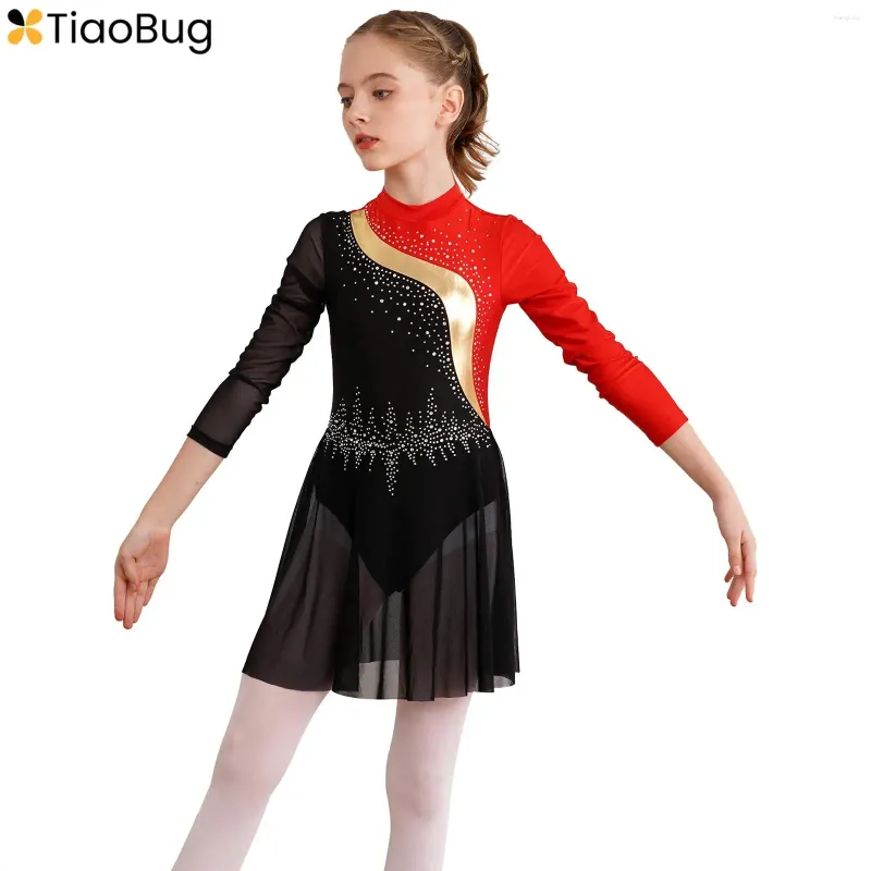 Bühnenkleidung für Kinder, Mädchen, Farbblock-Tanzkleid, langärmelig, Eiskunstlauf, glitzernde Strasssteine, Gymnastik-Wettbewerbskostüm