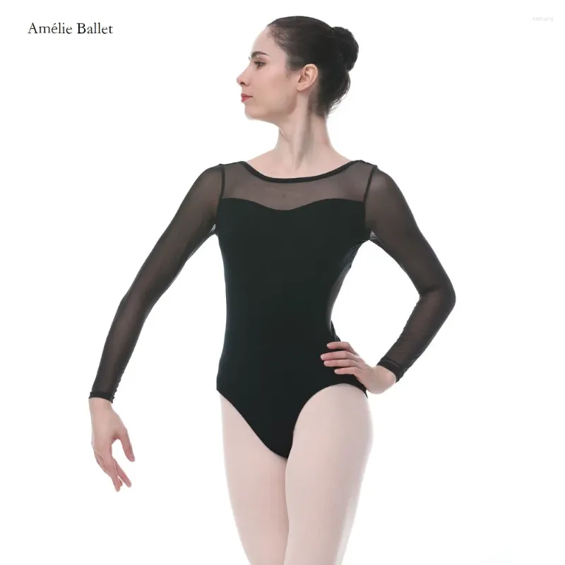 Stage Wear 03D0224 Justaucorps de danse adulte femmes ballerine noir à manches longues bas dos maille justaucorps vêtements de pratique de ballet