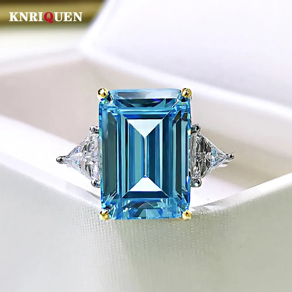Anéis de luxo 100% 925 prata real 10*14mm aquamarine alto carbono anéis de diamante para mulheres pedras preciosas casamento banda festa jóias finas presente