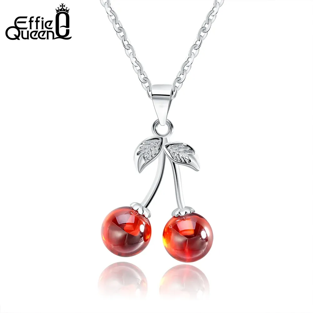 Hängen Effie Queen Real 925 Sterling Silver Halsband med Red CZ Stone Cherry Pendant Fashion Jewelry Statement For Women BN03