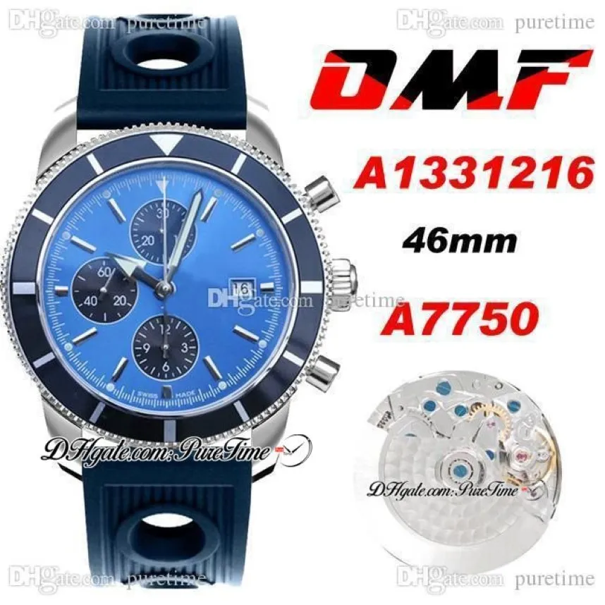 OMF SuperOcean Heritage II A7750 Автоматические мужские часы с хронографом A1331216 46 мм Синие черные маркеры на циферблате резиновые с отверстиями Su2766