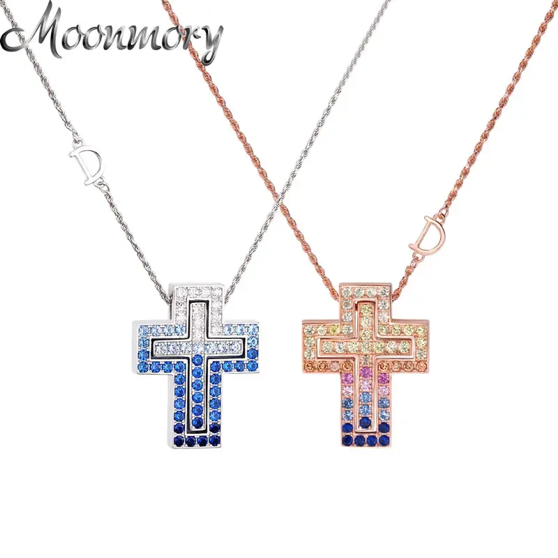 Halsband Moonmory Sterling Sier CZ Full Stone Double Blue Crystal Cross Halsband Jesus Cross Halsband för pojkar och flickor smycken