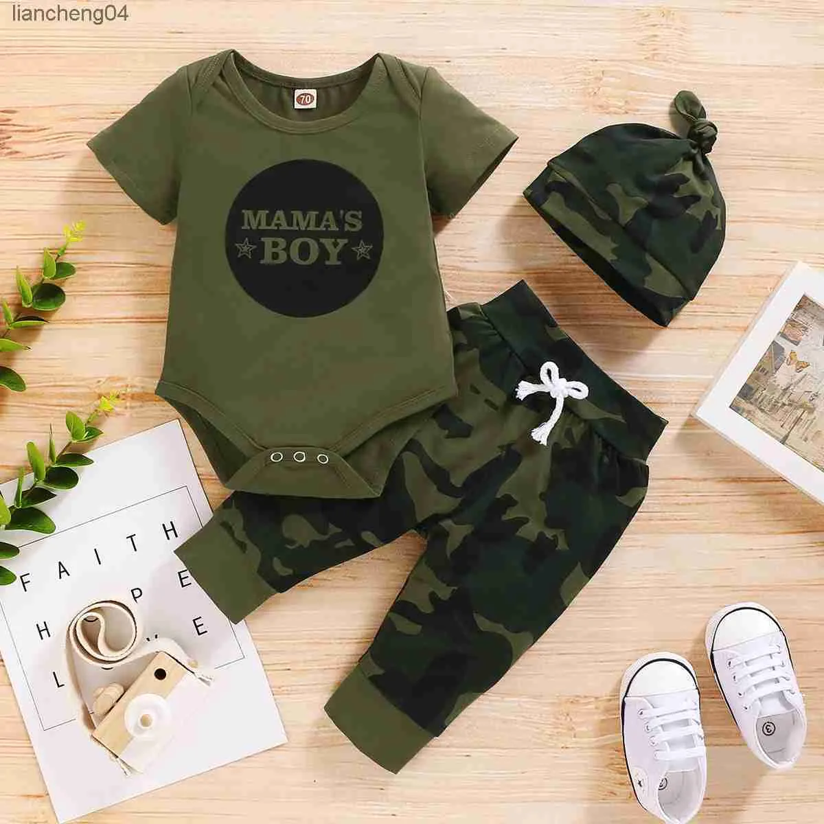 Ensembles de vêtements 0-18 mois nouveau-né bébé garçon bébé fille vêtements ensemble lettre imprimé body à manches courtes + pantalon de camouflage + tenue de bandeau
