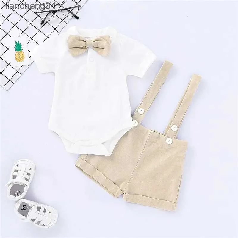 Комплекты одежды для новорожденных мальчиков 0-24 месяцев, комплект мужской одежды с галстуком-бабочкой и короткими рукавами, хлопковый комбинезон + брюки на подтяжках, летний наряд из 2 предметов