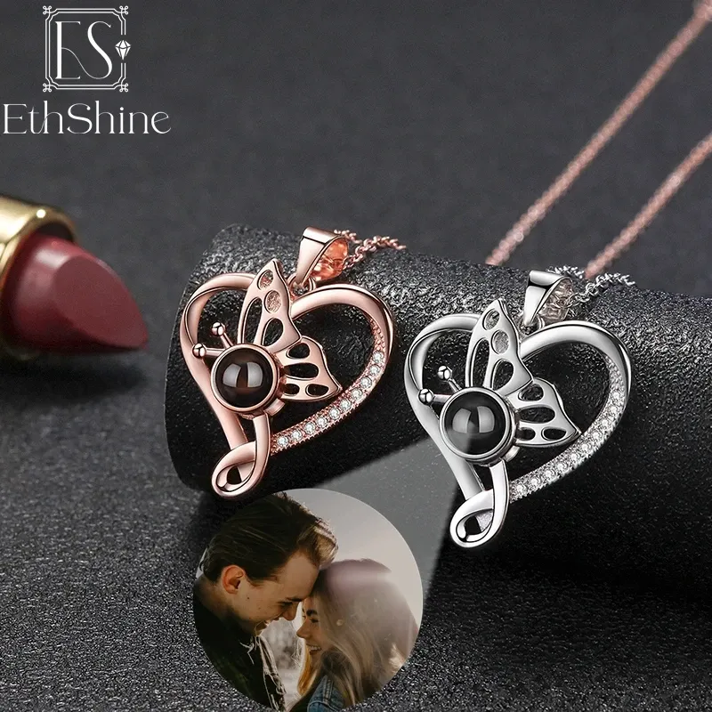 Ожерелья EthShine, персонализированное фотопроекционное ожерелье, ожерелье из стерлингового серебра 925 пробы с кулоном в форме сердца и бабочки для женщин, ювелирные изделия, подарки