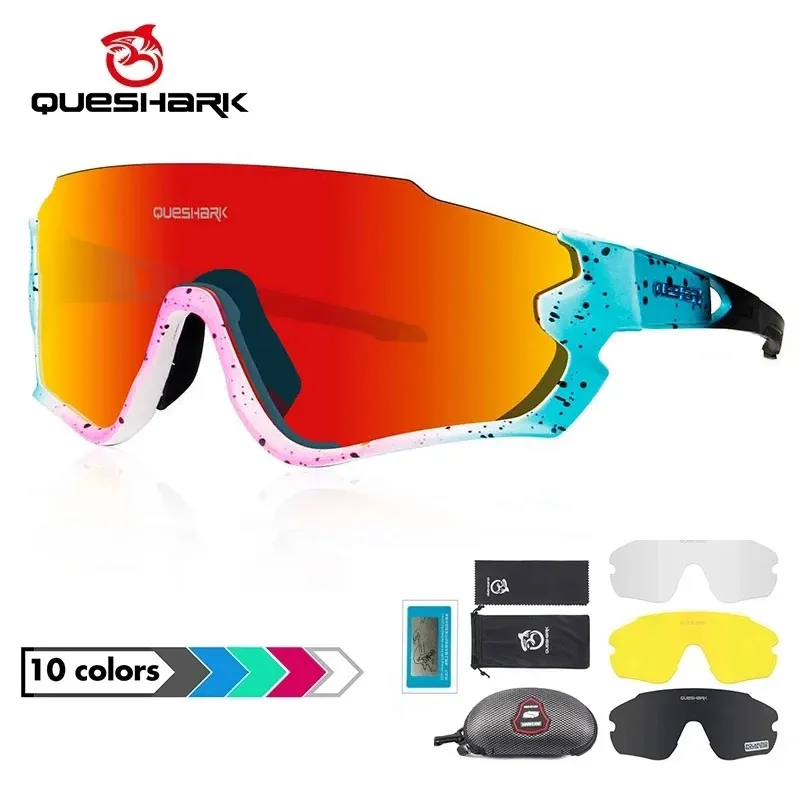 Eyewears Queshark Women Men Polarized Cycling Solglasögon Sport MTB 4 Lens/Set Cykel Eyewear Riding Road UV Mirror Bike Goggles QE45