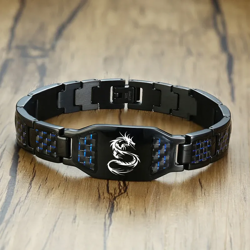 Bracelets Engravable Dragon Scorpion Wolf Carbon Fiber Male Bracelets Personalize Men ID Bracelet Stainless Steel Jewelry