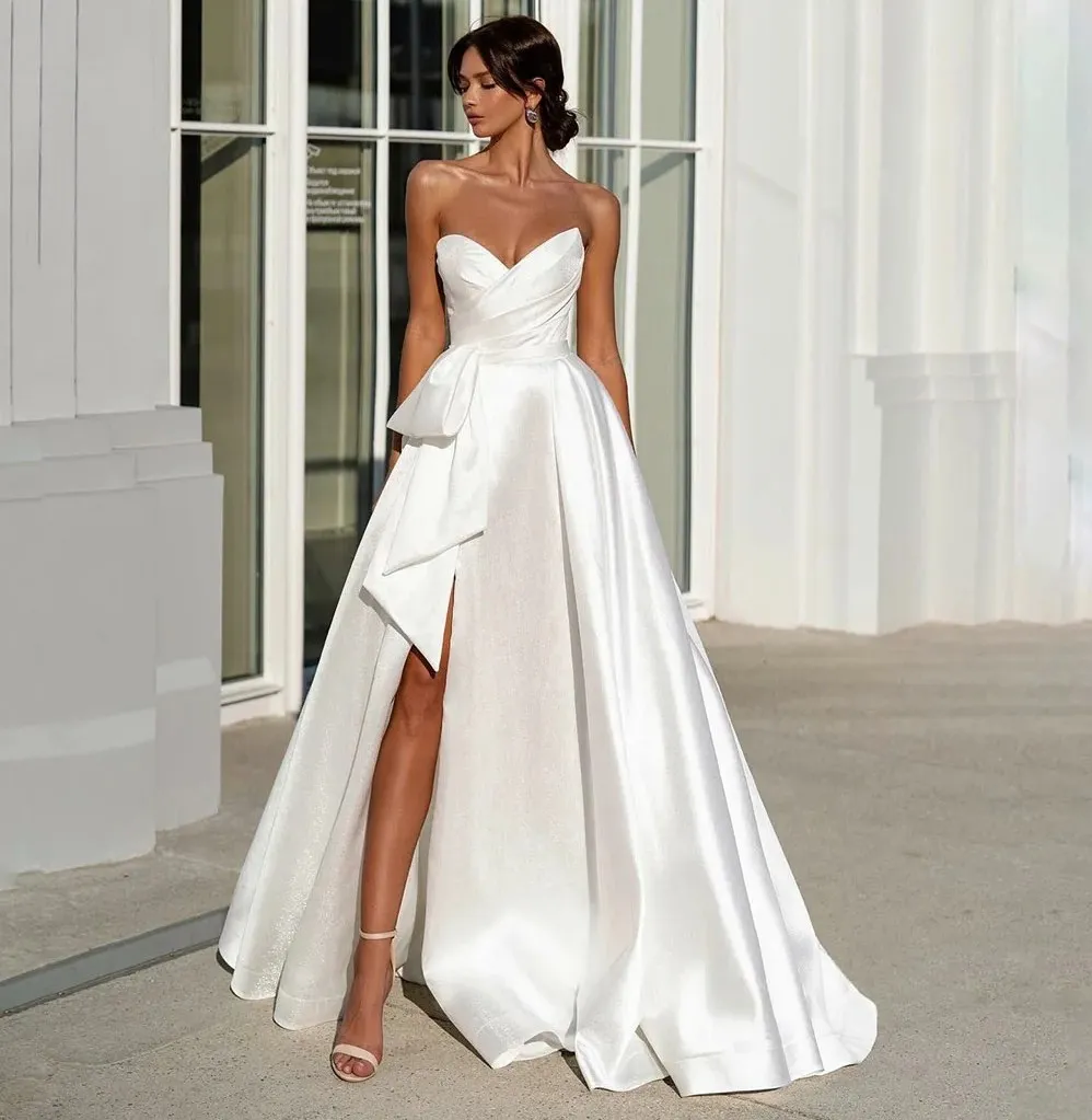 Elegant Satin Princess Wedding Dress with Slit and Sweetheart Neckline