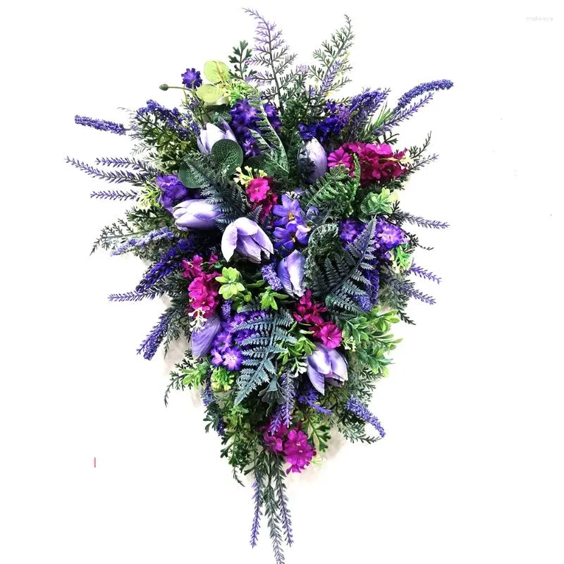 Couronne de printemps artificielle de fleurs décoratives, 50x35cm, rustique suspendue, fausse guirlande florale créative pour décoration de jardin de porte d'entrée