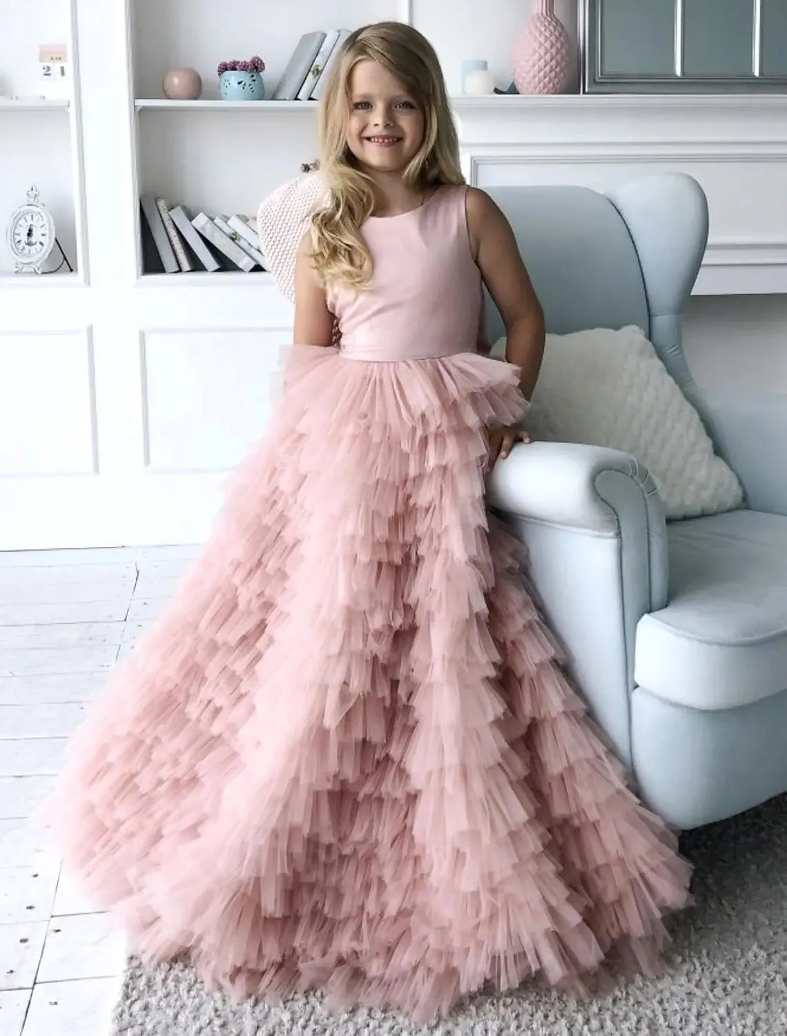 Princess Pageant Dress with Cacscading Ruffles, Jewel Neckline, Backless Design, and Big Bow sash - Perfect for Teens' Formal Parties and Birthdays (