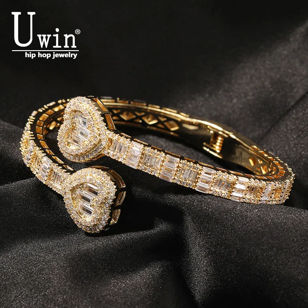 Pulseiras Uwin Baguette CZ Coração 6mm Ajustável Cuff Bangle Micro Pavimentada Bling Cubic Zirconia Rapper Hiphop Jóias Punk Presente