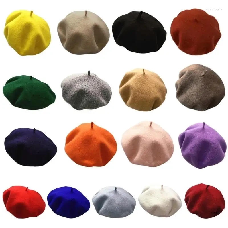 Boinas femininas inverno quente lã sintética chapéu de cor sólida gorro pintor