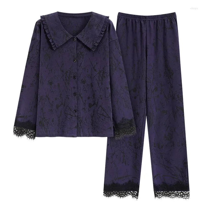 Женская одежда для сна, весенне-осенний женский пижамный комплект, пижама Cotoon, женская домашняя одежда с длинными рукавами и цветочным принтом для девочек