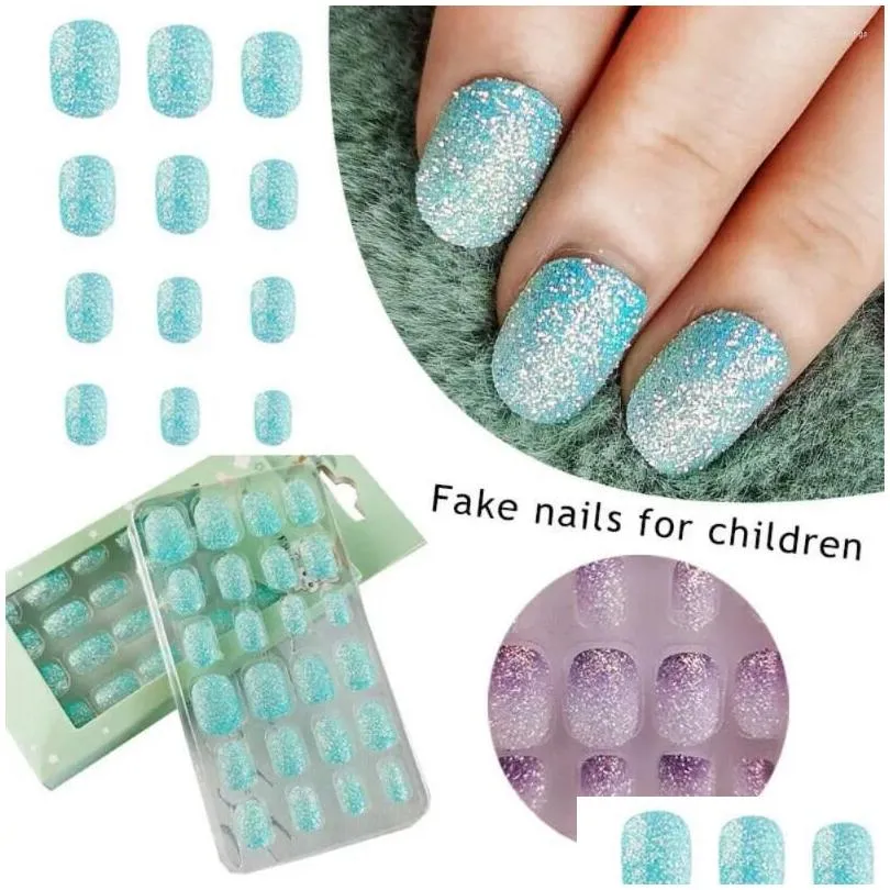 Kunstnagels 24 stks / set Gel Kids Fake Fl Er Druk op nageltips Vinger Decor Draagbaar Meisjesgeschenken Drop Delivery Gezondheid Schoonheid Kunstsalon Otrxi