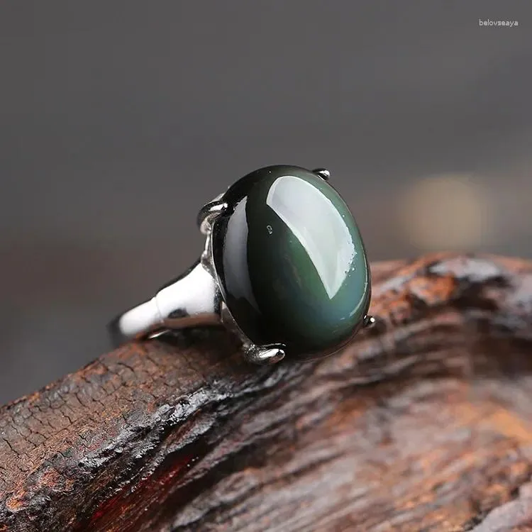 Anillos de racimo Anillo de obsidiana natural para hombres Mujeres Joyería de plata Moda Apertura Pareja Edición coreana Rica y noble emparejada con energía