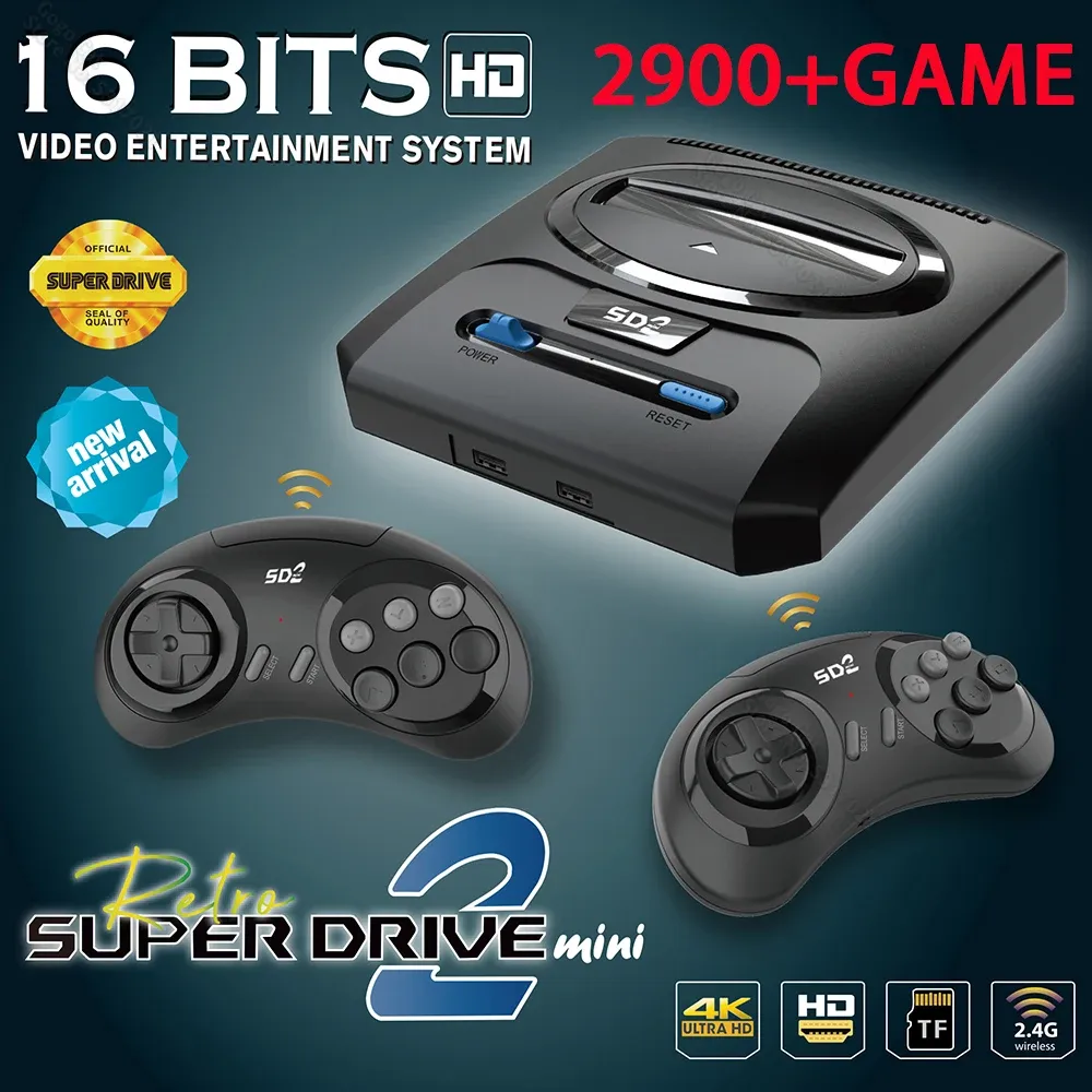 Konsoler Wireless HD Output 16bit TV -videospelkonsol för Sega Mega Drive Buildin 2900+ Retro Games Support TF Card