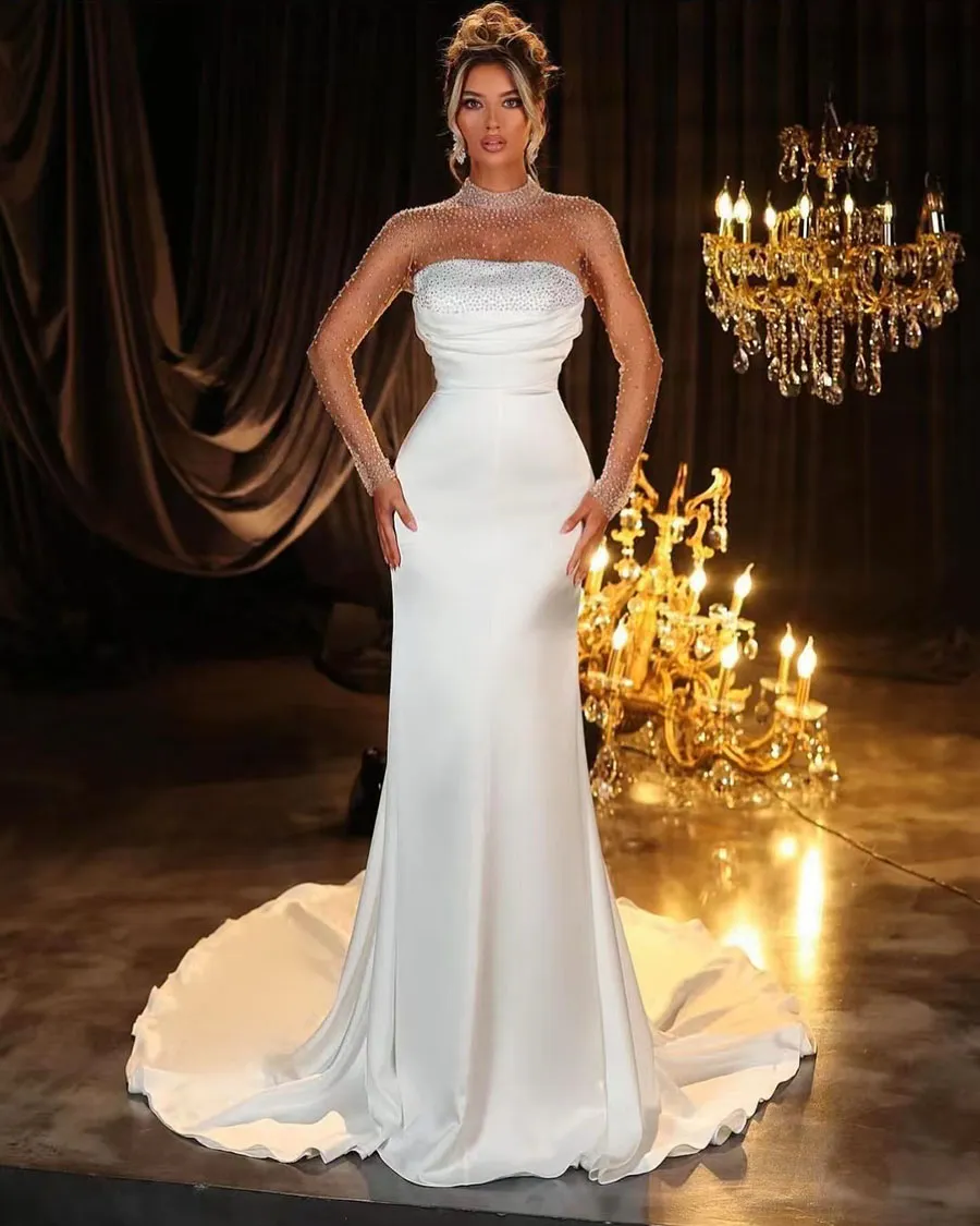 Sleeve Graceful Long Mermaid Wedding Dresses Sequined Beading Robes Mariage Stain Lllusion Back Vestidos De Novia 326