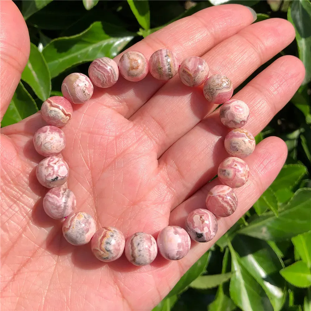 أساور 1 PC Fengbaowu Natural Argentina Rhodochrosite Bracelet Round Bead Crystal Quartz Elect