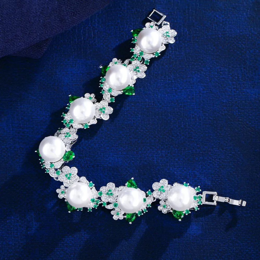 Bracelets BeaQueen luxe vert blanc cubique zircone fleur perle fleur grands Bracelets pour femme mariage Costume bijoux accessoires B272