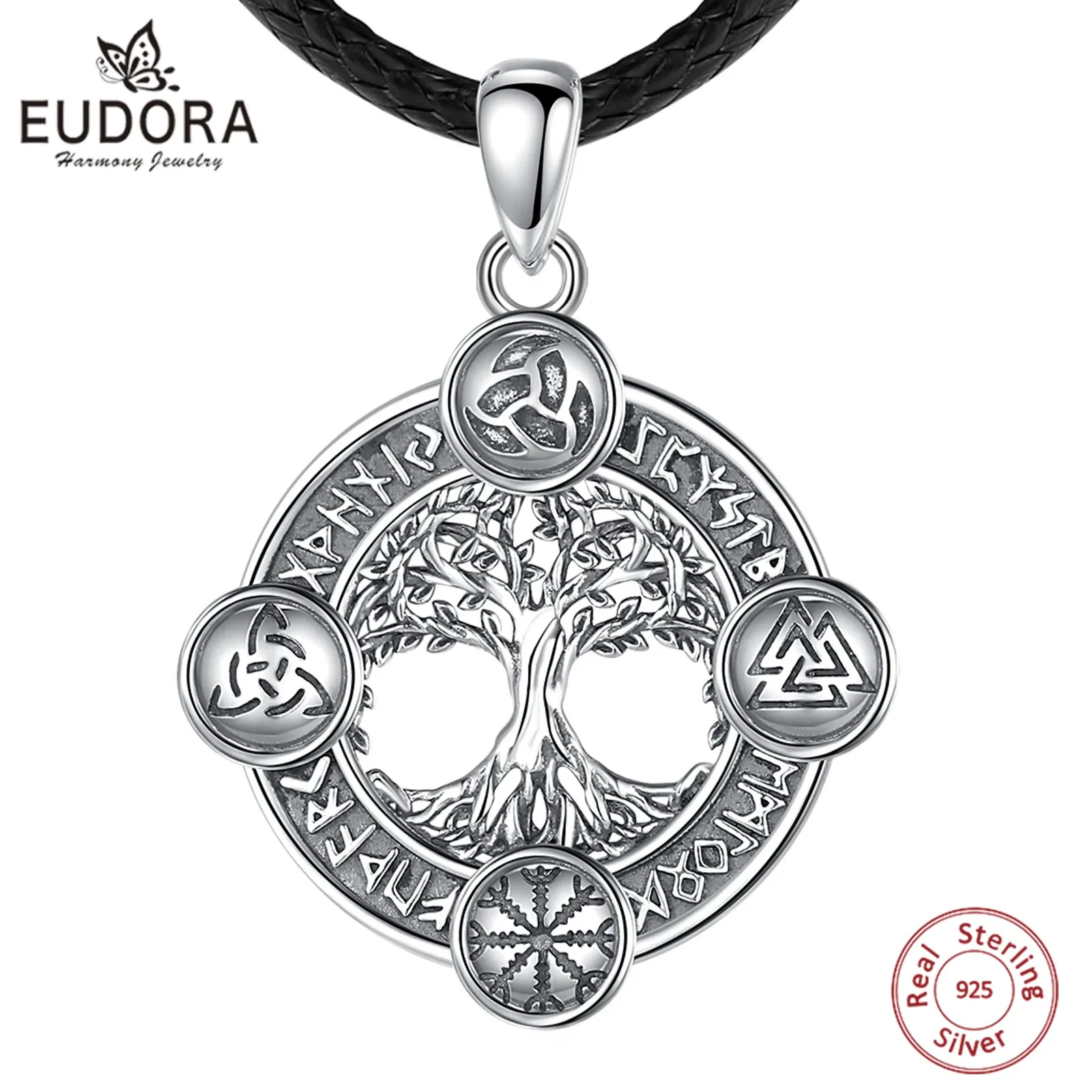 Pendants Eudora 925 Sterling Silver Tree of Life Necklace Norse runes Hexe Celtic Knoten Yggdrasil Amulett Pendant Man Viking Jewelry