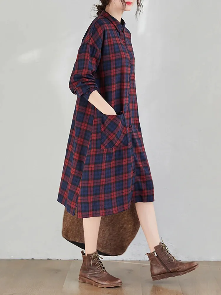 NYFS Spring Autumn Korea Woman Dress Vestidos Robe Ete Femme Elbise Loose Cotton Plaid Lång ärmskjorta klänningar 240219