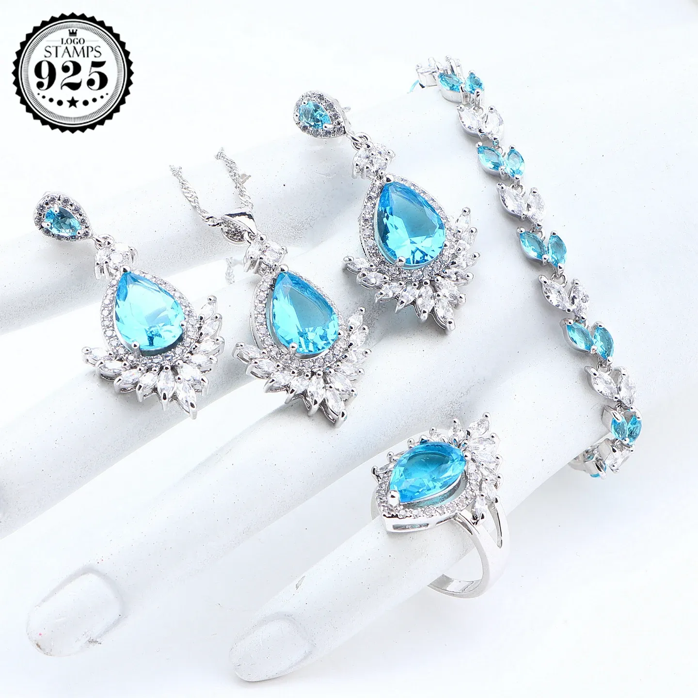 Наборы ювелирных изделий из серебра 925 пробы с синим цирконием для женщин, свадебные серьги с камнями, браслеты, кулон, ожерелье, комплект колец