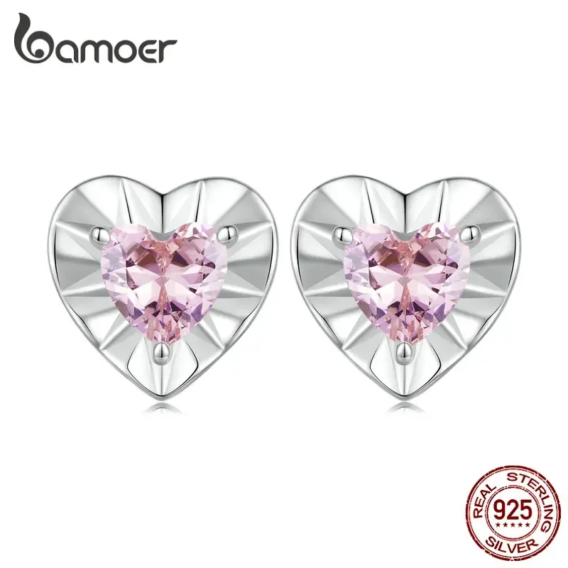 Brincos bamoer 925 prata esterlina brilhante em forma de coração brincos rosa zircão para mulheres presente do dia dos namorados jóias finas