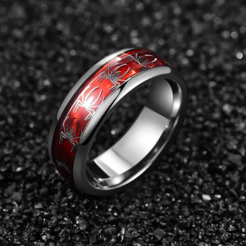 Bandas 8mm incrustado vermelho opala aranha motivo tungstênio aço masculino anel de noivado anel de carboneto de tungstênio