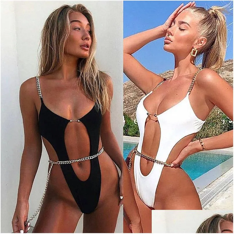 Women'S Swimwear Womens Sexy Swimsuit Hollow Out Bathing Suit Metal Chain Bikini High Cut Thong Women Biquini 230329 Drop Delivery A Dhhpc