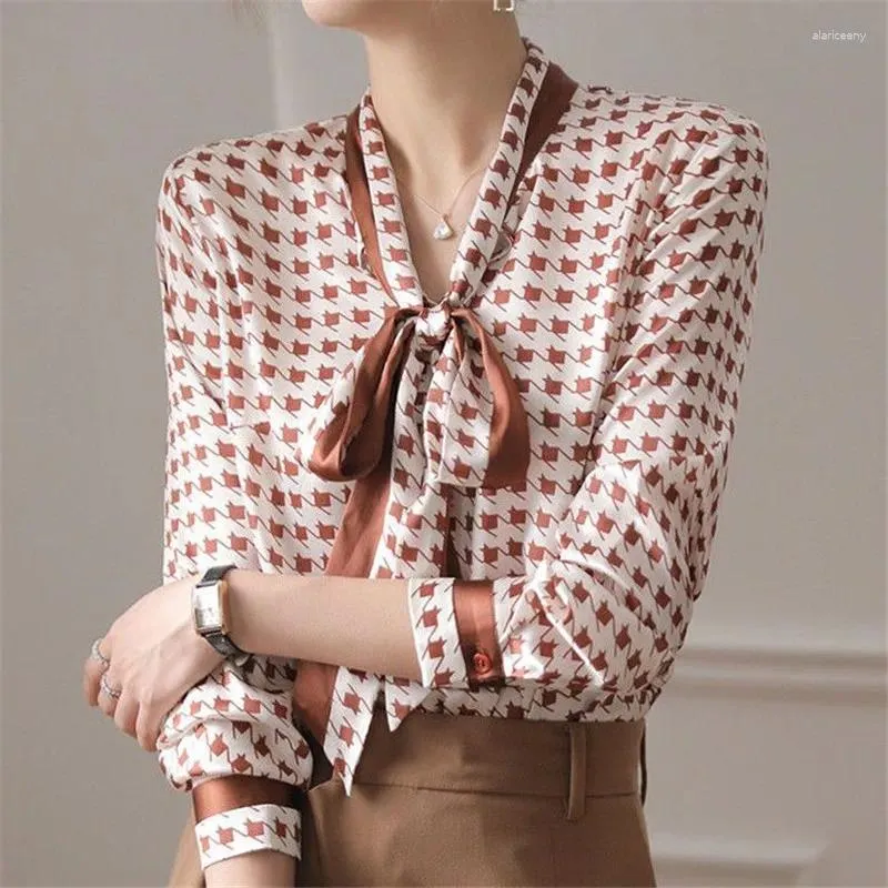 Kvinnors blusar Houndstooth Print Fashion Elegant Chic Bow Office Lady Shirt Spring Autumn Long Sleeve Simple Blouse Top Clothing Blusas