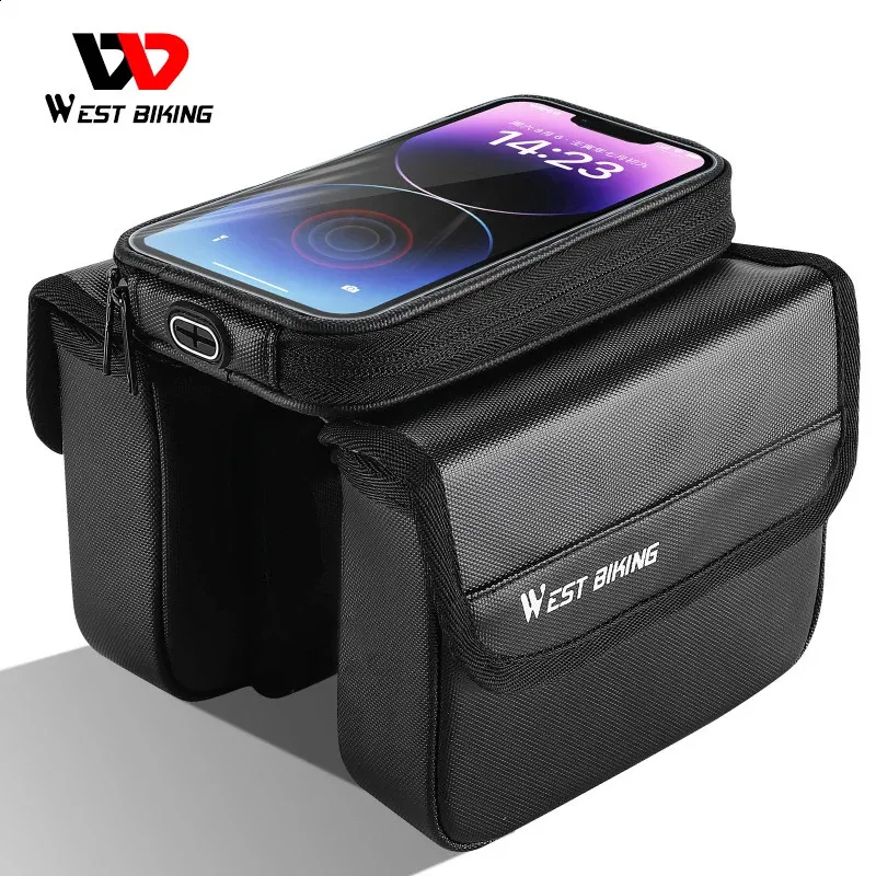 WEST BIKING Waterproof Bicycle Front Frame Bag Double Pouch 7.2 Inch Phone Touch Screen Bag Cycling Travel MTB Top Tube Bag 240219