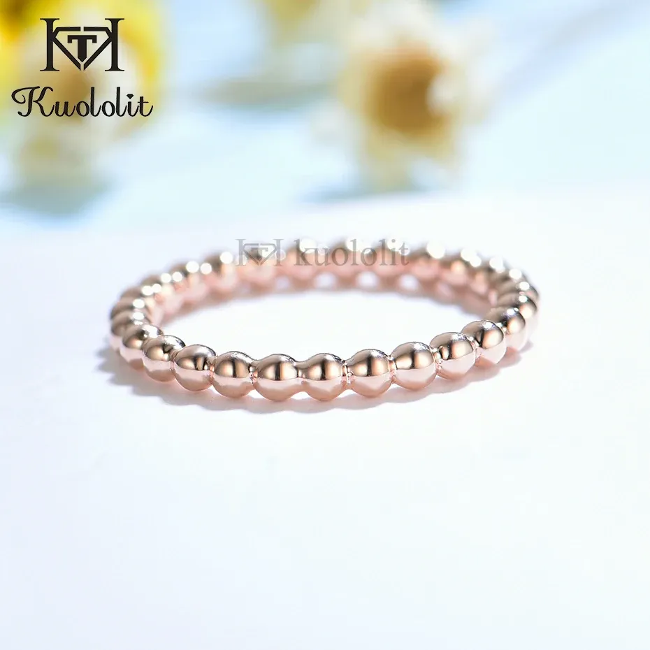 Rings Kuololit Solid 18K 10K Yellow Gold Beaded Ring for Women Solid Ball Matching Eternity Band for Engagement Promise New Arrival