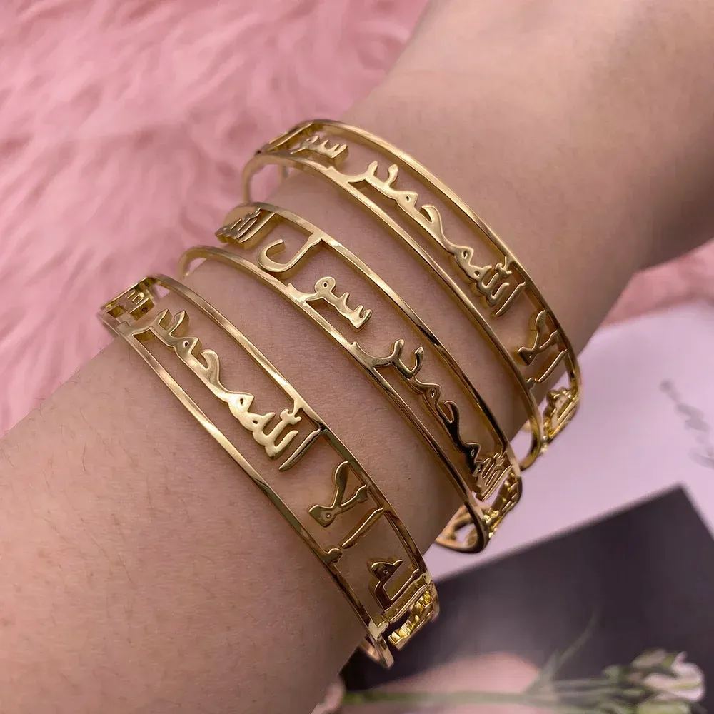 Bangles Customized Arabic Name Bracelet for Women Personalised Stainless Steel Gold Color Open Bracelets Unique Custom Jewelry Gifts