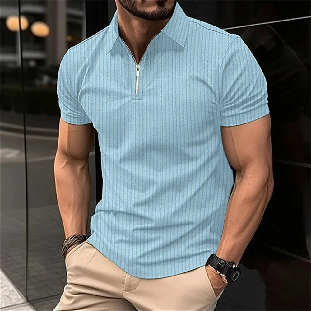 Polo randig tryckt herr t-shirt sommar kortärmad fashionabla casual polo skjorta överdimensionerade lapel street golf polo topp 240221