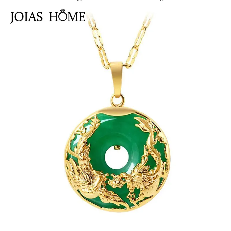 Hängen Joiashome 925 Silver Pendant Vintage Emerald With Bronze Coin Shaped Dragon och Phoenix Necklace Pendant Mors dag gåva