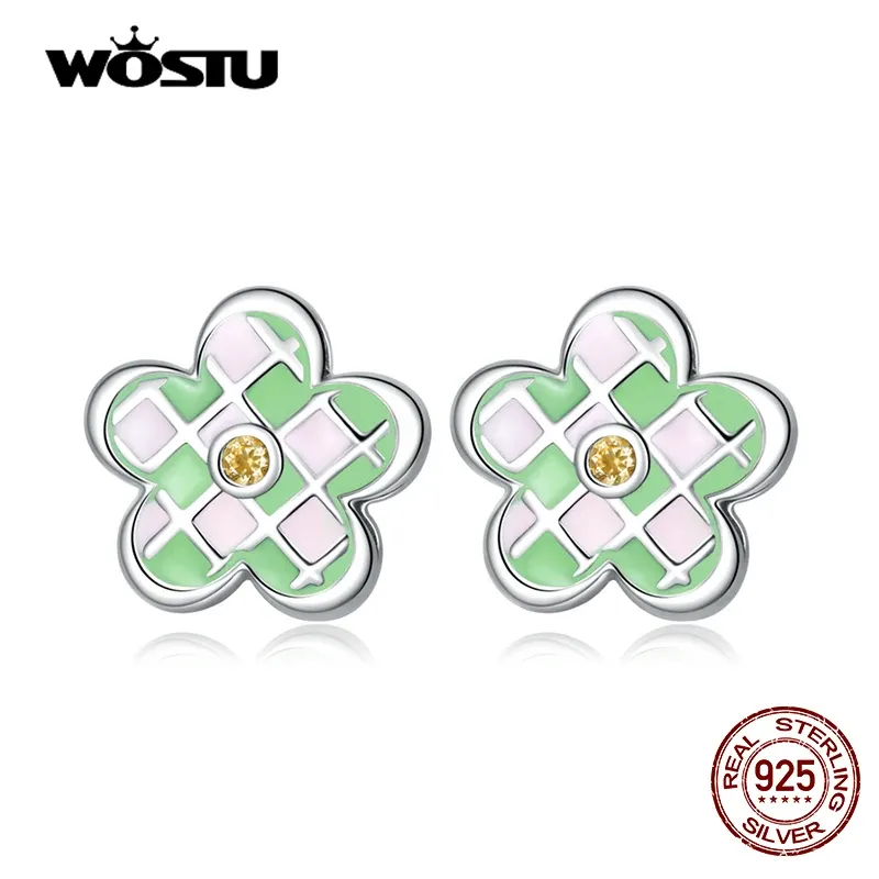 Earrings WOSTU New 925 Sterling Silver Mini Cute Checkered Flower Stud Earrings Colorful Ear Studs for Women Fine Party S925 Jewelry Gift