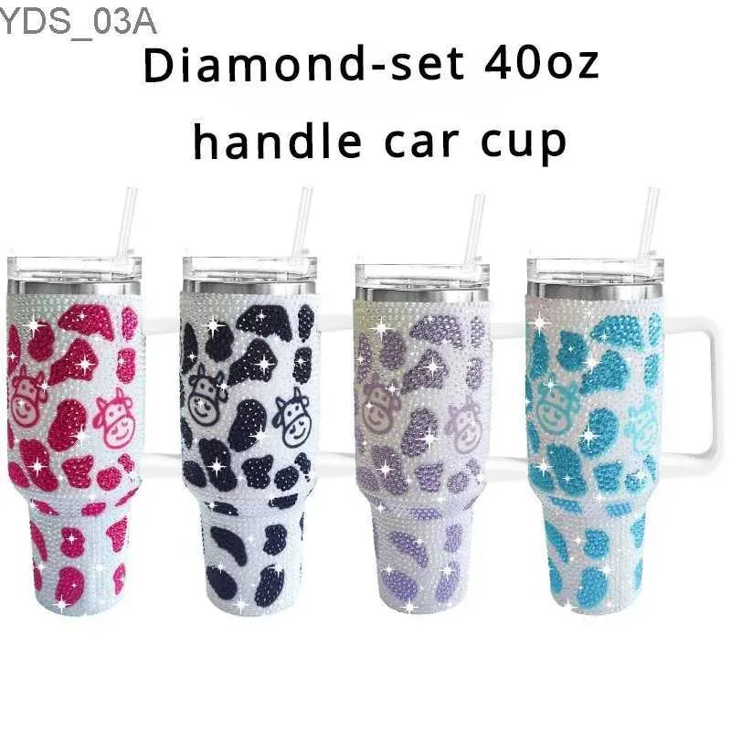 Su Şişeleri 40 oz Elmas Kupa Tumbler Saplı Yalıtımlı Tumbler Kaplamalı Saman Paslanmaz Çelik Kahve Termos Bardak Tulumbil Heat Press YQ240221