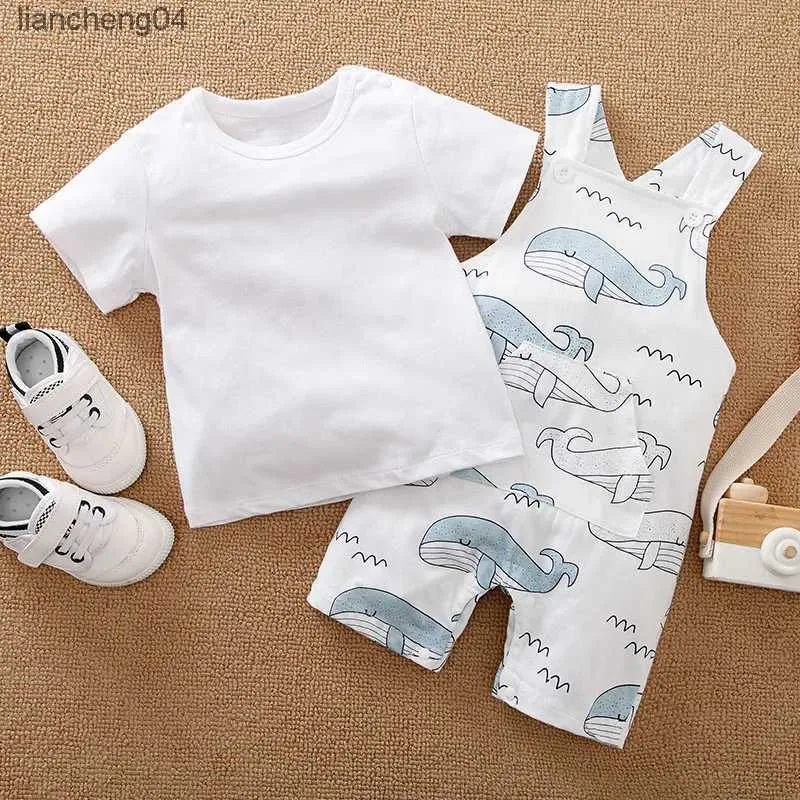 Clothing Sets Summer Boys And Girls Cute Cartoon Whale Print Cotton Comfortable Baby Short Sleeve T-Shirt+Two Piece Strap Pants Set