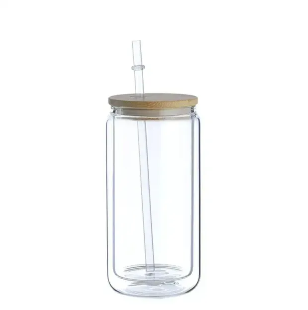 wholesale DIY Sublimation Double Walled Glass Beer Cans with Bamboo Lids Straws Drilled for Crafting ZZ